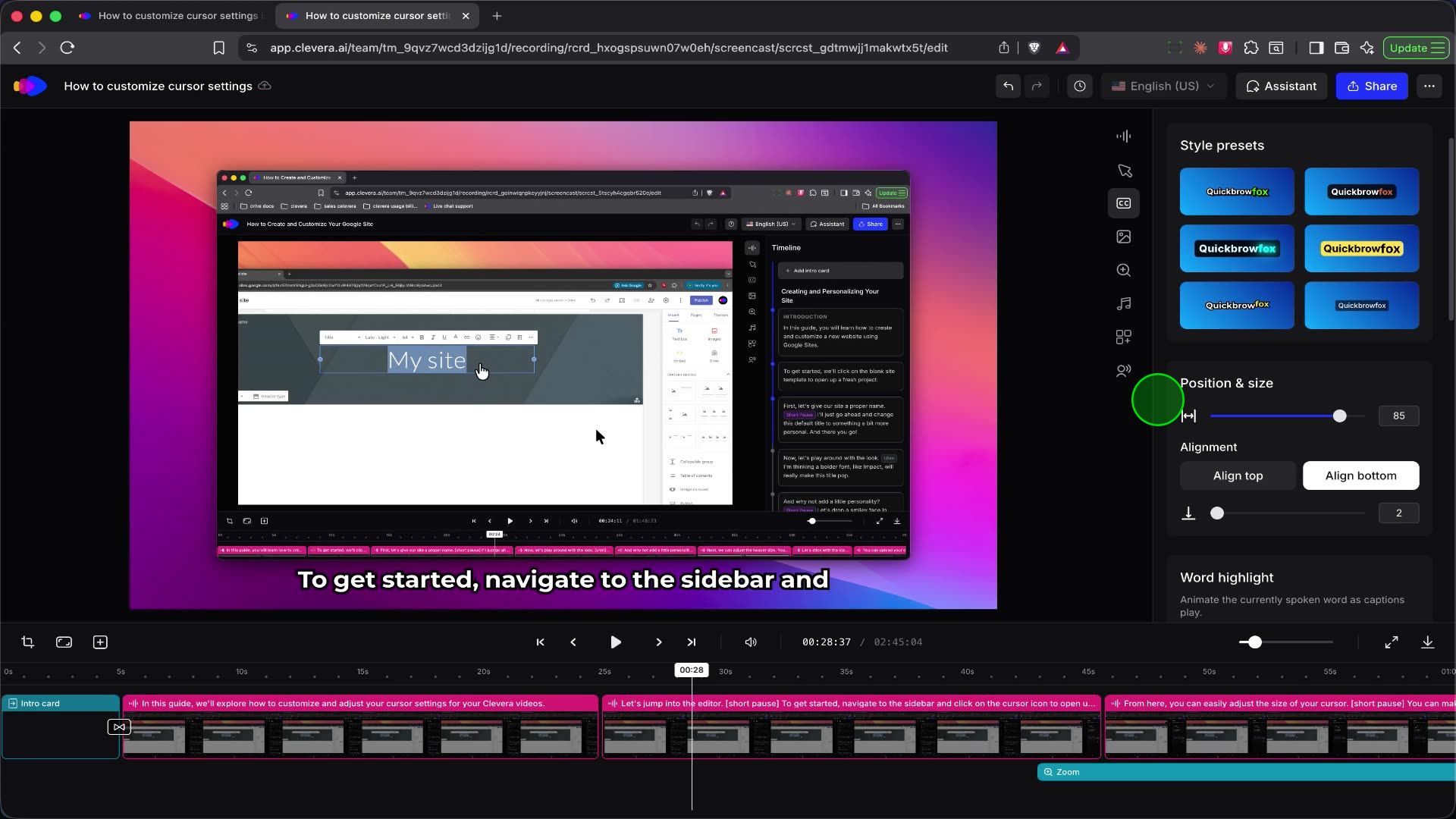 Modifying word highlight effects in the right-hand panel